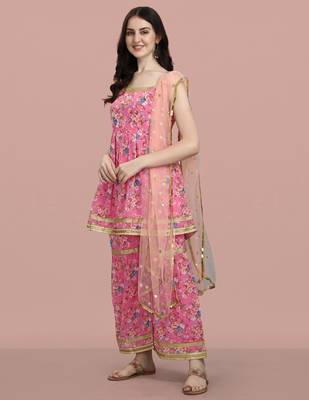 Pink color georgette fabric ethnic ceremonial sophisticated girlie kurta set 1