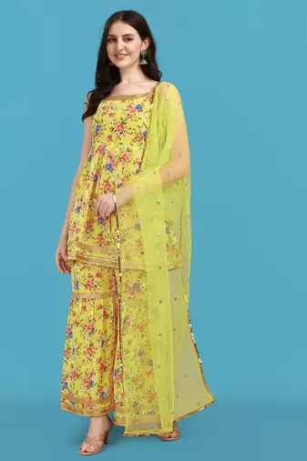Yellow color georgette fabric ethnic ceremonial sophisticated girlie kurta set