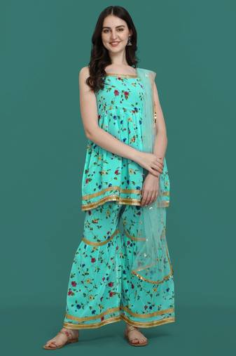 Sea green color georgette fabric ethnic ceremonial sophisticated girlie kurta set
