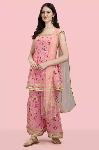 Peach color georgette fabric ethnic ceremonial sophisticated girlie kurta set