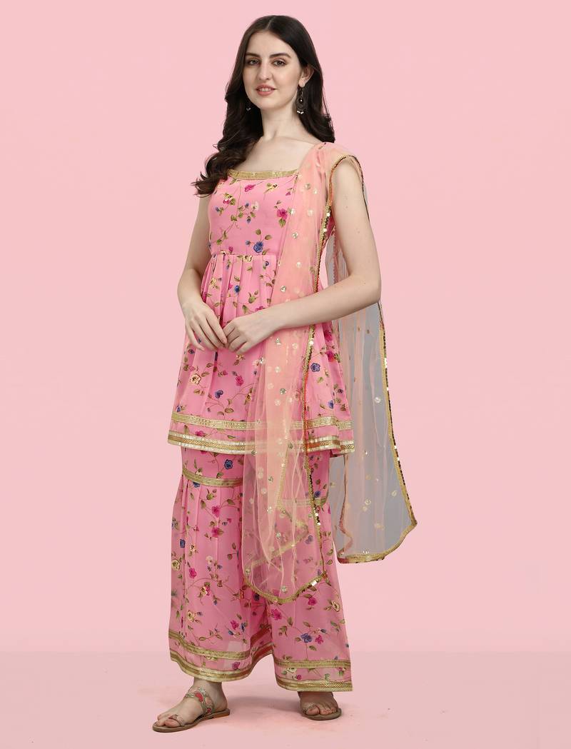 Peach color georgette fabric ethnic ceremonial sophisticated girlie kurta set
