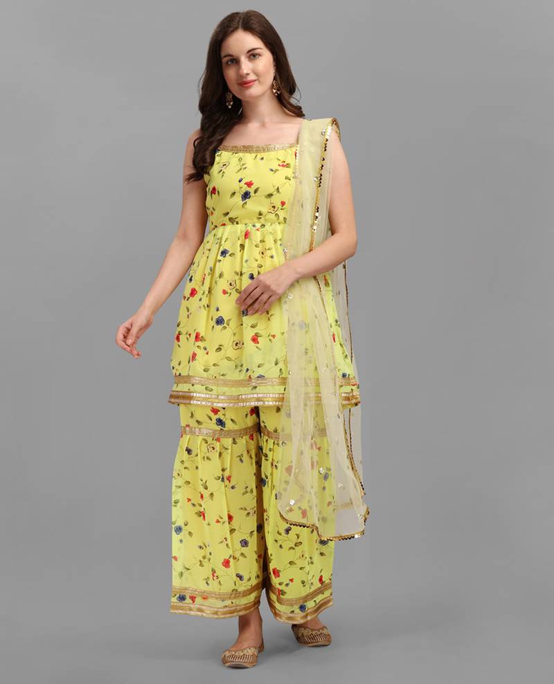 Yellow color georgette fabric ethnic ceremonial sophisticated girlie kurta set