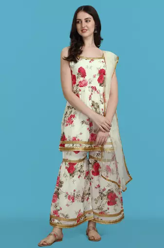 White color georgette fabric ethnic ceremonial sophisticated girlie kurta set