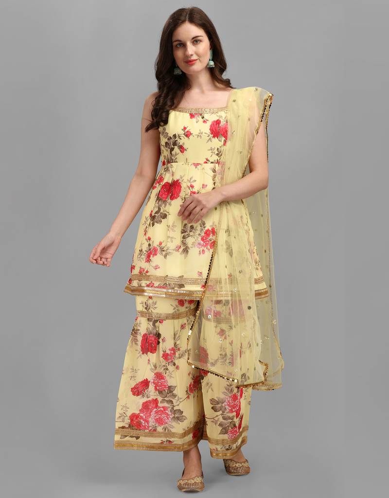 Yellow color georgette fabric ethnic ceremonial sophisticated girlie kurta set