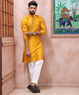 Yellow color graceful partywear kurta payjama for mens ceremonial looks 1
