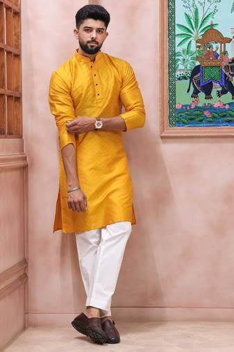 Yellow color graceful partywear kurta payjama for mens ceremonial looks