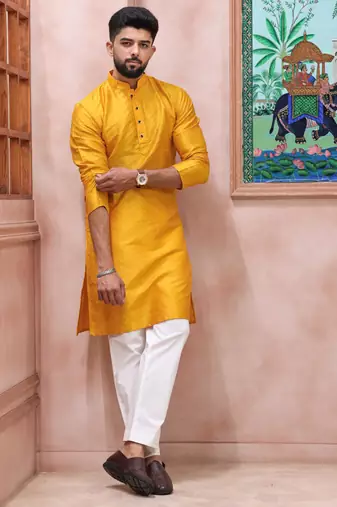 Yellow color graceful partywear kurta payjama for mens ceremonial looks
