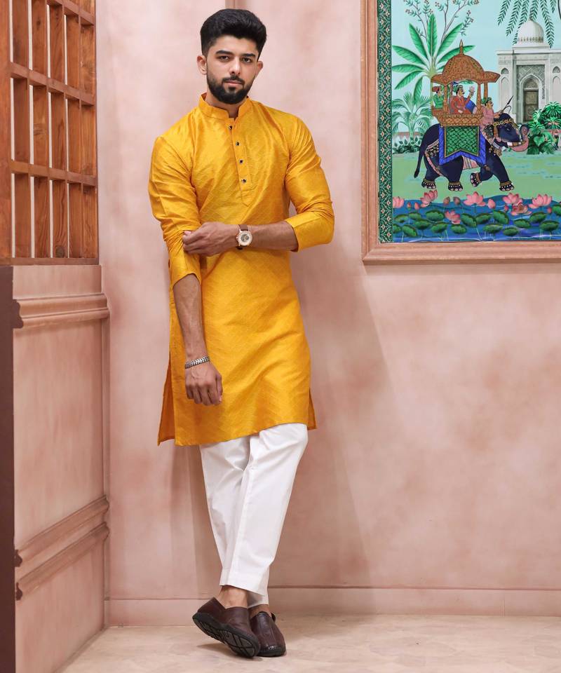 Yellow color graceful partywear kurta payjama for mens ceremonial looks