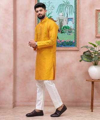 Yellow color graceful partywear kurta payjama for mens ceremonial looks 3