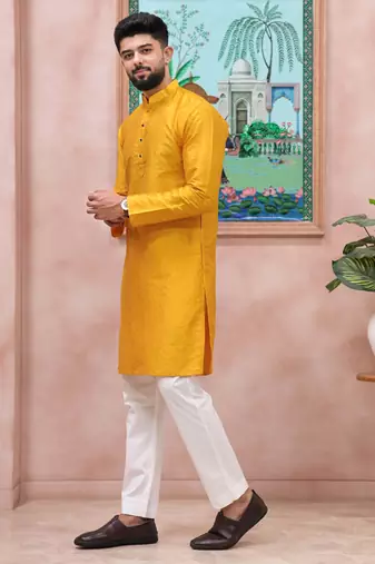Yellow color graceful partywear kurta payjama for mens ceremonial looks