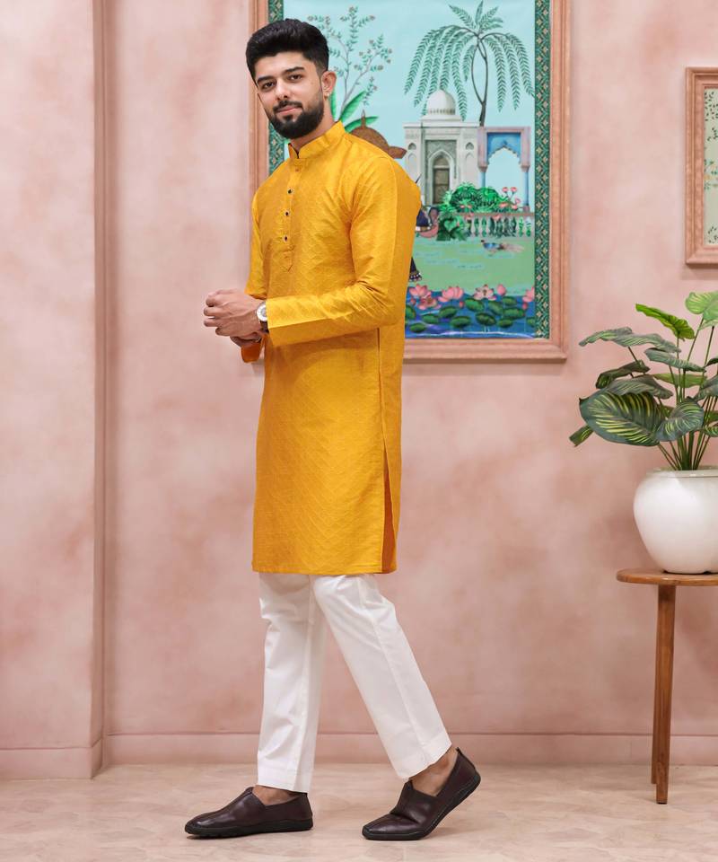 Yellow color graceful partywear kurta payjama for mens ceremonial looks