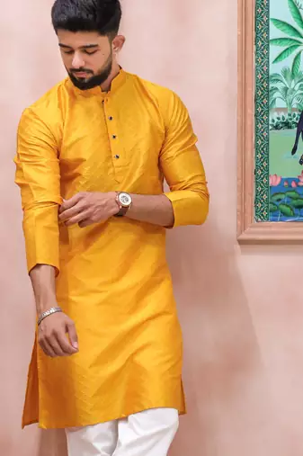 Yellow color graceful partywear kurta payjama for mens ceremonial looks
