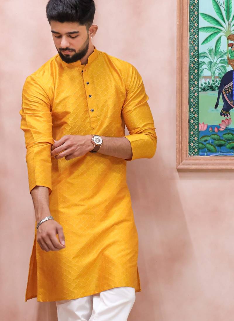 Yellow color graceful partywear kurta payjama for mens ceremonial looks
