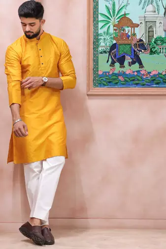 Yellow color graceful partywear kurta payjama for mens ceremonial looks