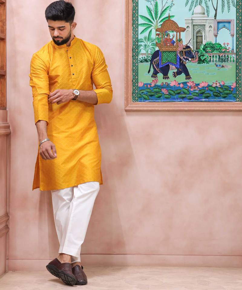 Yellow color graceful partywear kurta payjama for mens ceremonial looks