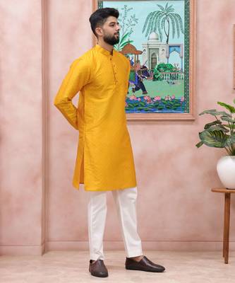 Yellow color graceful partywear kurta payjama for mens ceremonial looks 6