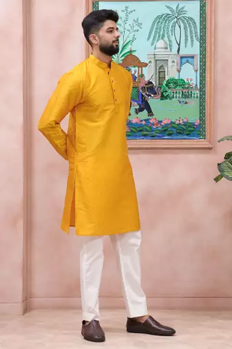 Yellow color graceful partywear kurta payjama for mens ceremonial looks