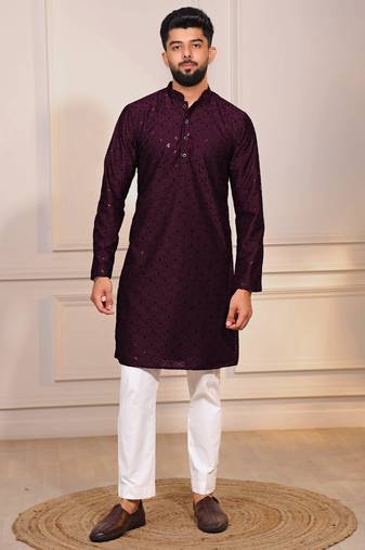 Wine color designer embroidery work ceremonial ethnic kurta payjama for men's