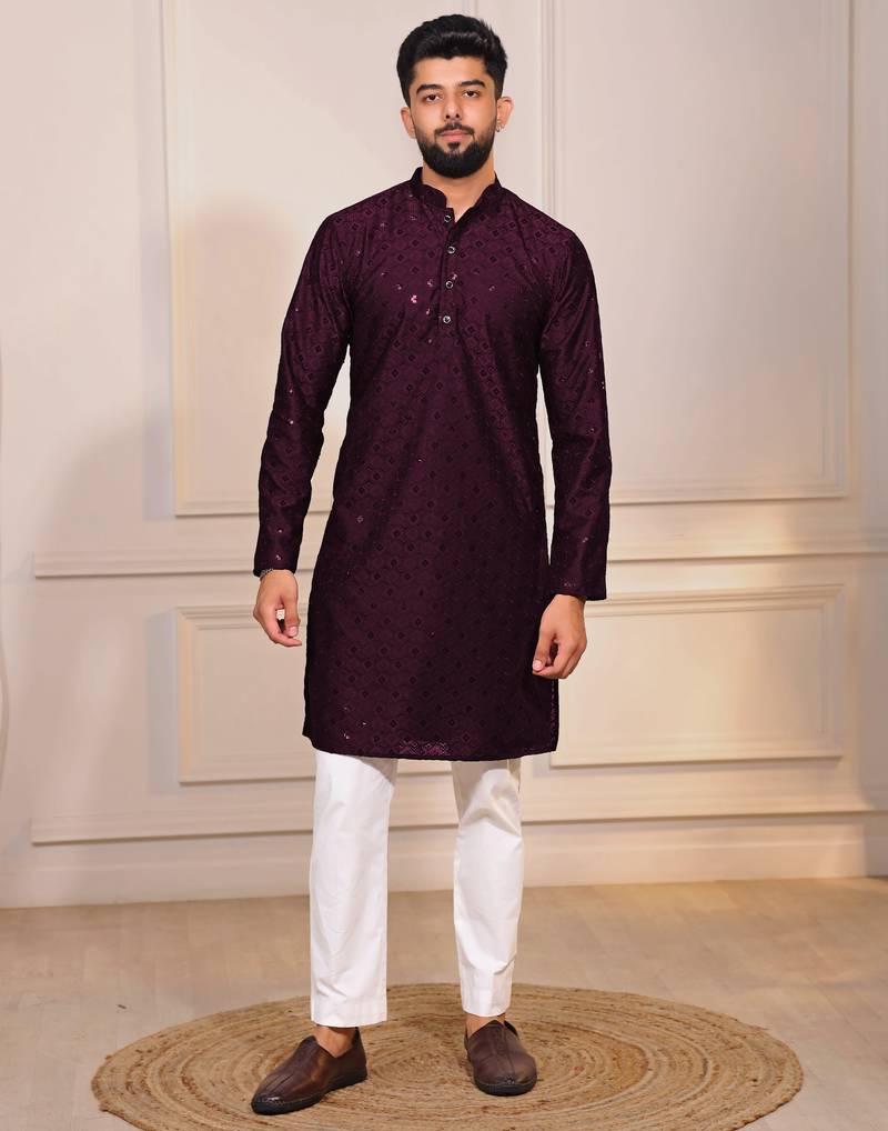 Wine color designer embroidery work ceremonial ethnic kurta payjama for men's