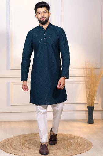 Teal color designer embroidery work ceremonial ethnic kurta payjama for men's