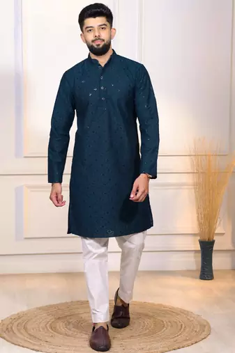 Teal color designer embroidery work ceremonial ethnic kurta payjama for men's