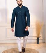 Teal color embroidery work ceremonial ethnic kurta payjama for men's