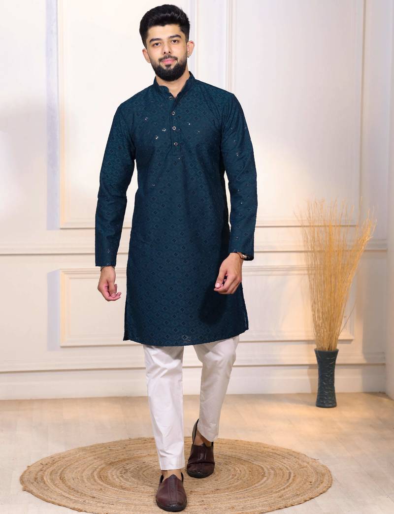 Teal color designer embroidery work ceremonial ethnic kurta payjama for men's