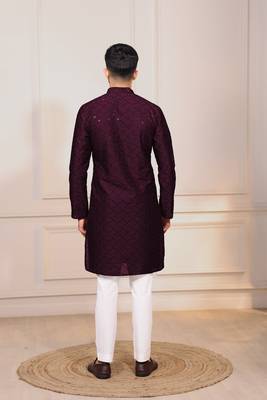 Wine color embroidery work ceremonial ethnic kurta payjama for men's 2