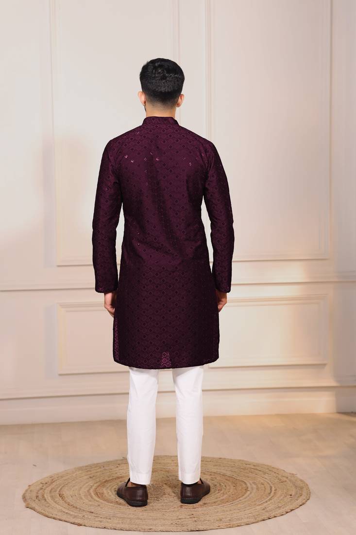 Wine color designer embroidery work ceremonial ethnic kurta payjama for men's
