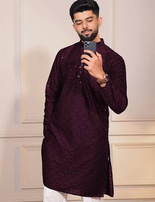 Wine color embroidery work ceremonial ethnic kurta payjama for men's 3