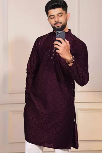 Wine color embroidery work ceremonial ethnic kurta payjama for men's