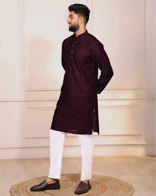 Wine color embroidery work ceremonial ethnic kurta payjama for men's 4
