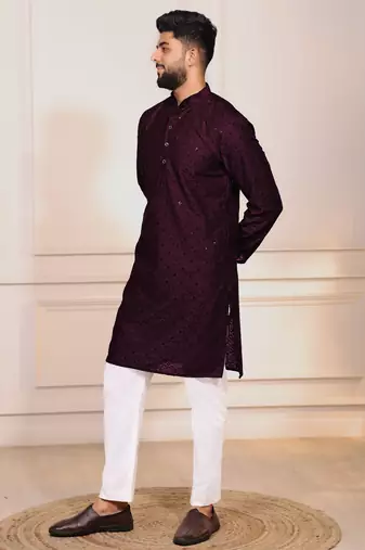 Wine color embroidery work ceremonial ethnic kurta payjama for men's