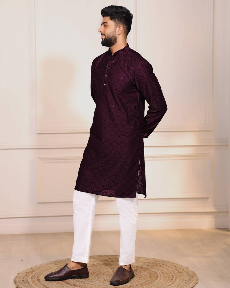 Wine color designer embroidery work ceremonial ethnic kurta payjama for men's