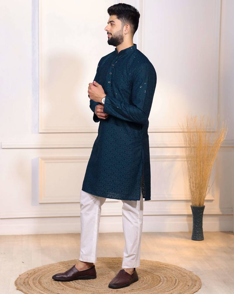Teal color designer embroidery work ceremonial ethnic kurta payjama for men's