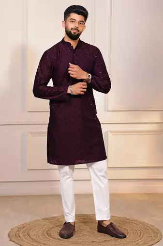 Wine color embroidery work ceremonial ethnic kurta payjama for men's