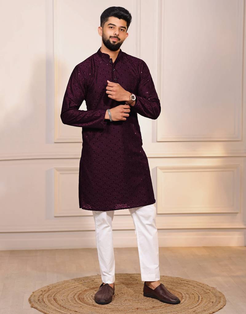 Wine color designer embroidery work ceremonial ethnic kurta payjama for men's