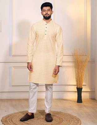 Cream color embroidery work ceremonial ethnic kurta payjama for men's 1