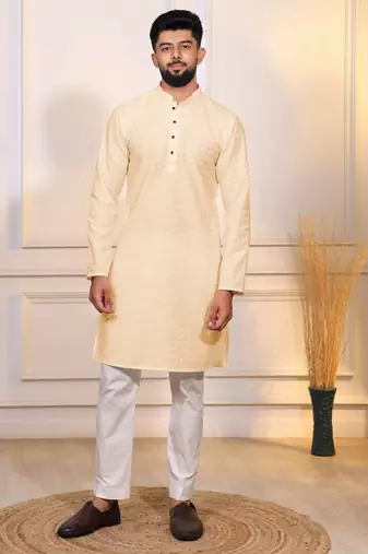 Cream color designer embroidery work ceremonial ethnic kurta payjama for men's