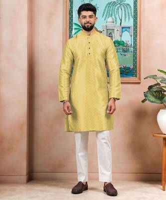 Lemon color graceful partywear kurta payjama for mens ceremonial looks 1