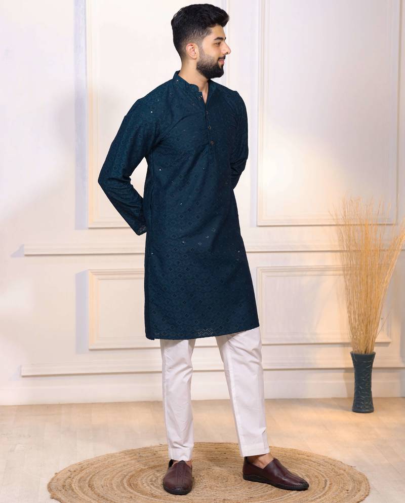 Teal color designer embroidery work ceremonial ethnic kurta payjama for men's