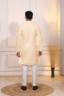 Cream color embroidery work ceremonial ethnic kurta payjama for men's 2