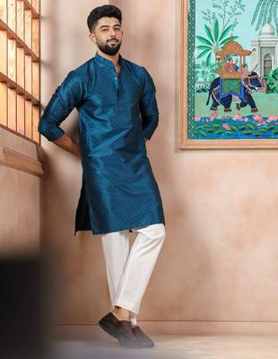 Teal color graceful partywear kurta payjama for mens ceremonial looks 1