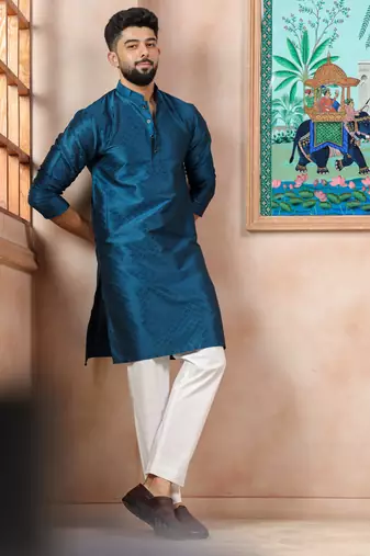 Teal color graceful partywear kurta payjama for mens ceremonial looks