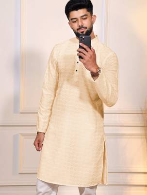 Cream color embroidery work ceremonial ethnic kurta payjama for men's 3