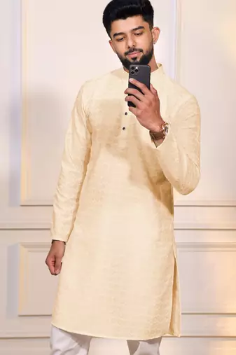 Cream color embroidery work ceremonial ethnic kurta payjama for men's