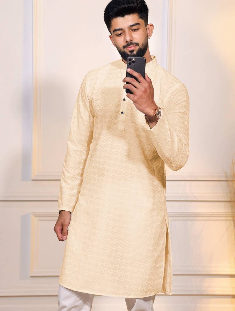Cream color designer embroidery work ceremonial ethnic kurta payjama for men's