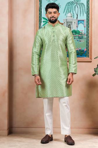 Pista color graceful partywear kurta payjama for mens ceremonial looks