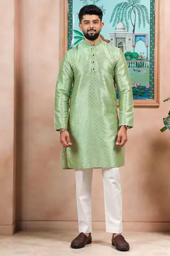 Pista color graceful partywear kurta payjama for mens ceremonial looks