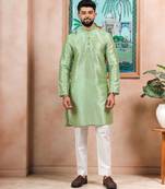 Pista color graceful partywear kurta payjama for mens ceremonial looks